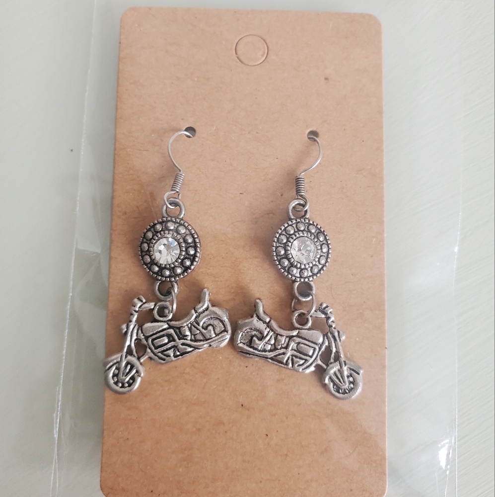 Pewter Motorcycle Dangle Earrings With Rhinestones